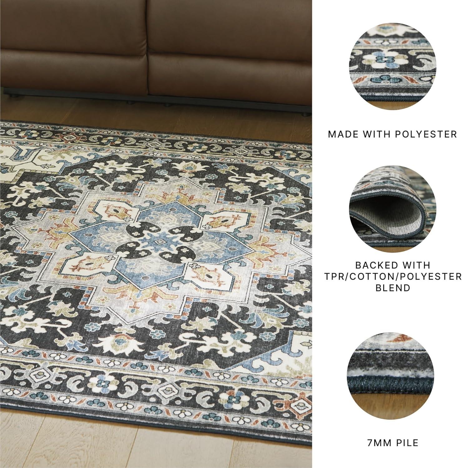 imageSignature Design by Ashley Leningston Classic Indoor Non Slip Medallion 5 x 7 Washable Rug Blue amp Black