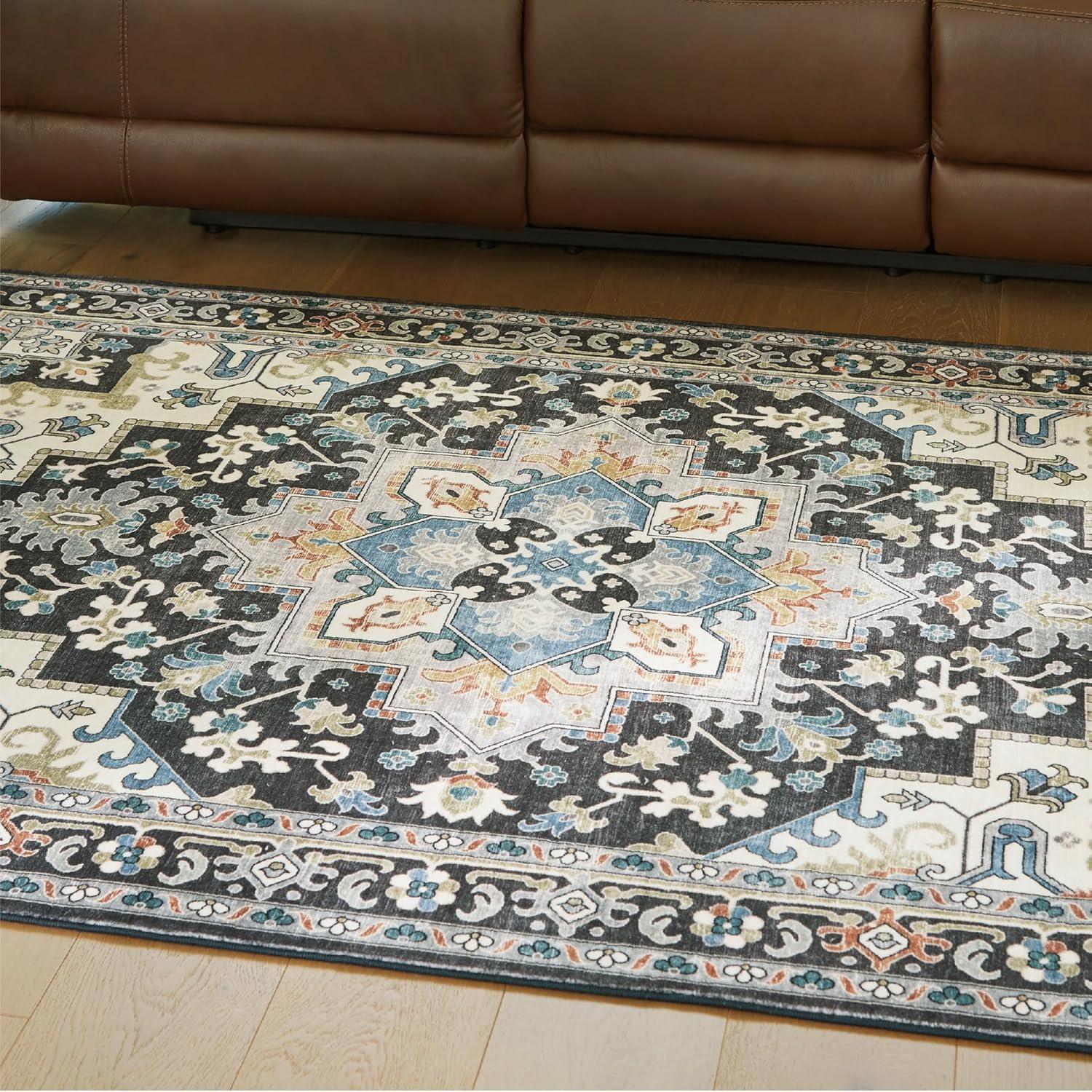 imageSignature Design by Ashley Leningston Classic Indoor Non Slip Medallion 5 x 7 Washable Rug Blue amp Black