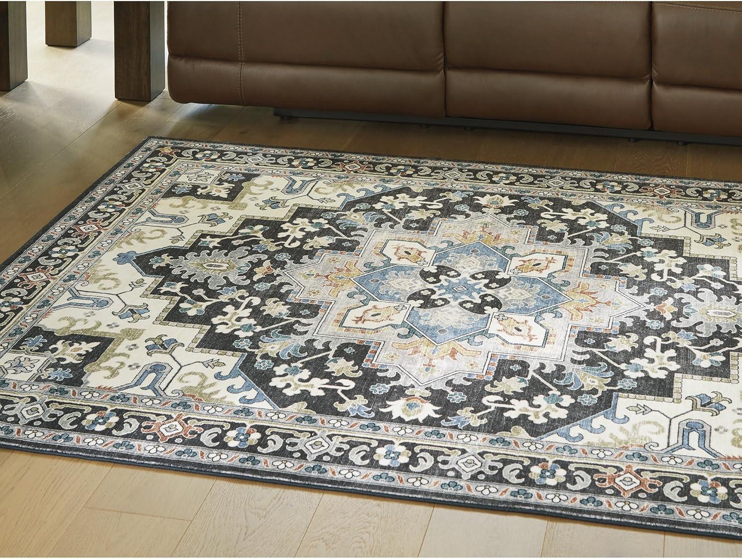 imageSignature Design by Ashley Leningston Classic Indoor Non Slip Medallion 5 x 7 Washable Rug Blue amp Black