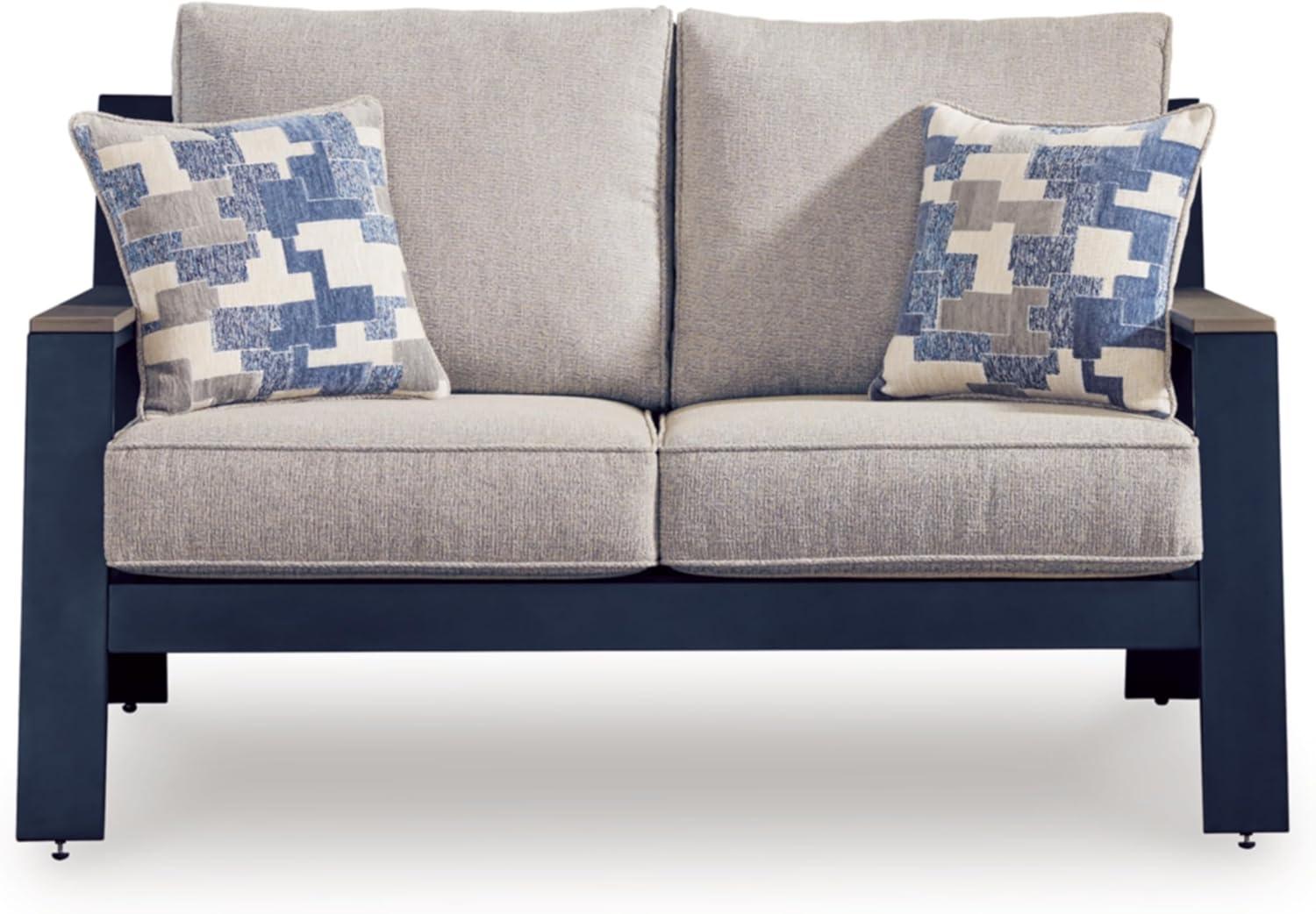 imageSignature Design by Ashley Mabry Shores Coastal MEGATUFF HDPE amp Nuvella Weather Resistant Outdoor Loveseat with Cushion and 2 Accent Pillows Blue amp Beige