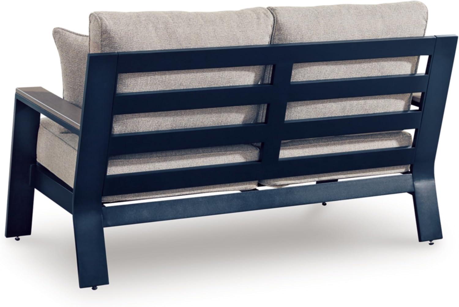 imageSignature Design by Ashley Mabry Shores Coastal MEGATUFF HDPE amp Nuvella Weather Resistant Outdoor Loveseat with Cushion and 2 Accent Pillows Blue amp Beige