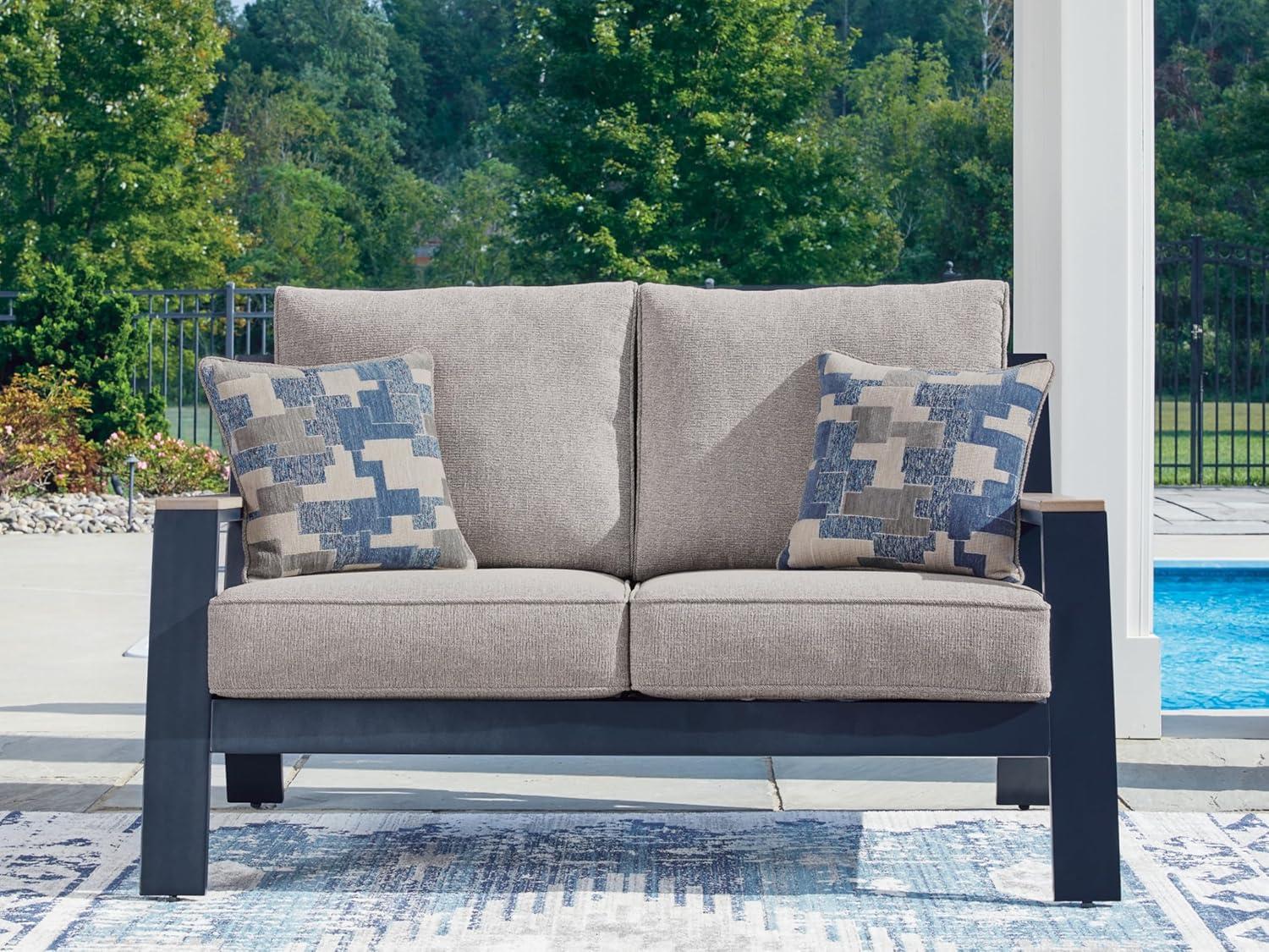 imageSignature Design by Ashley Mabry Shores Coastal MEGATUFF HDPE amp Nuvella Weather Resistant Outdoor Loveseat with Cushion and 2 Accent Pillows Blue amp Beige