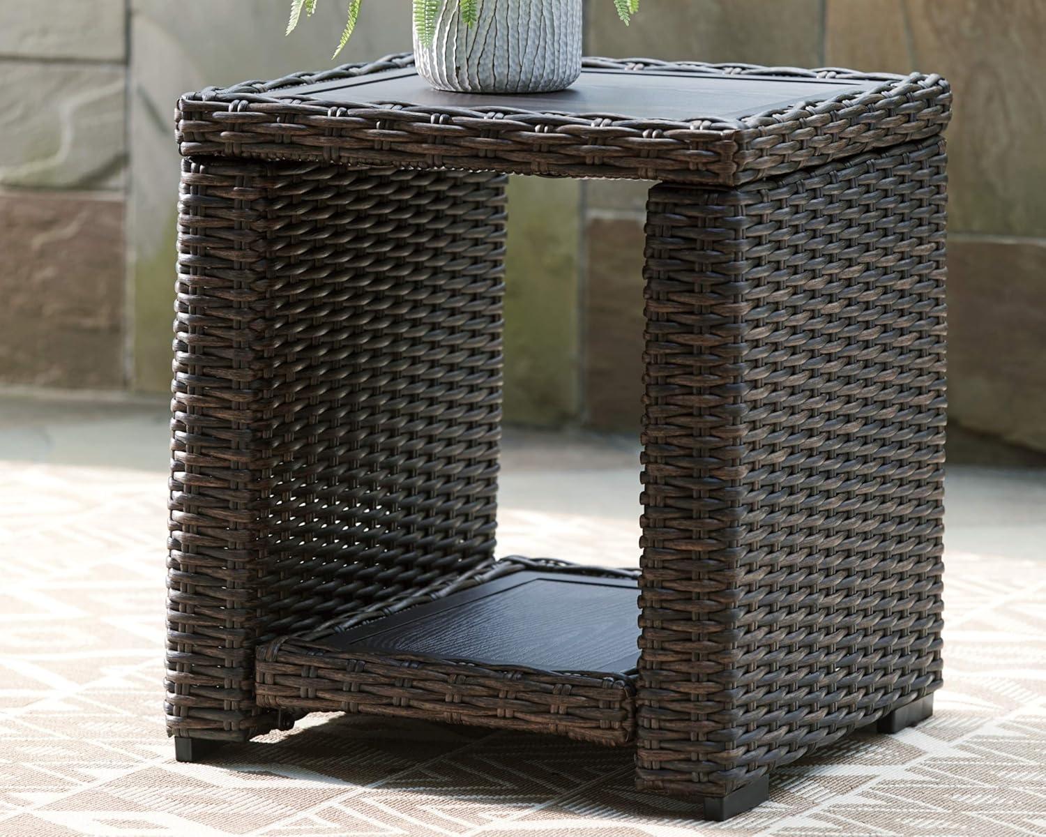 imageSignature Design by Ashley Paradise Trail Outdoor Swivel Upholstered Lounge Chair Set 2 Count Beige amp Grasson Lane Outdoor Rattan Square End Table with Storage BrownSwivel Lounge Chairs