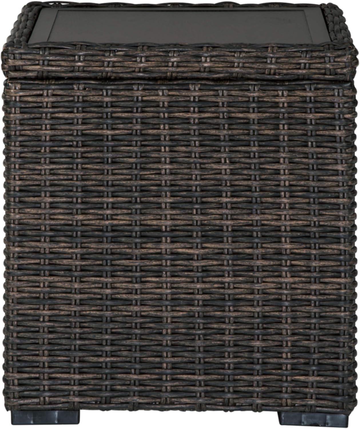 imageSignature Design by Ashley Paradise Trail Outdoor Swivel Upholstered Lounge Chair Set 2 Count Beige amp Grasson Lane Outdoor Rattan Square End Table with Storage BrownSwivel Lounge Chairs