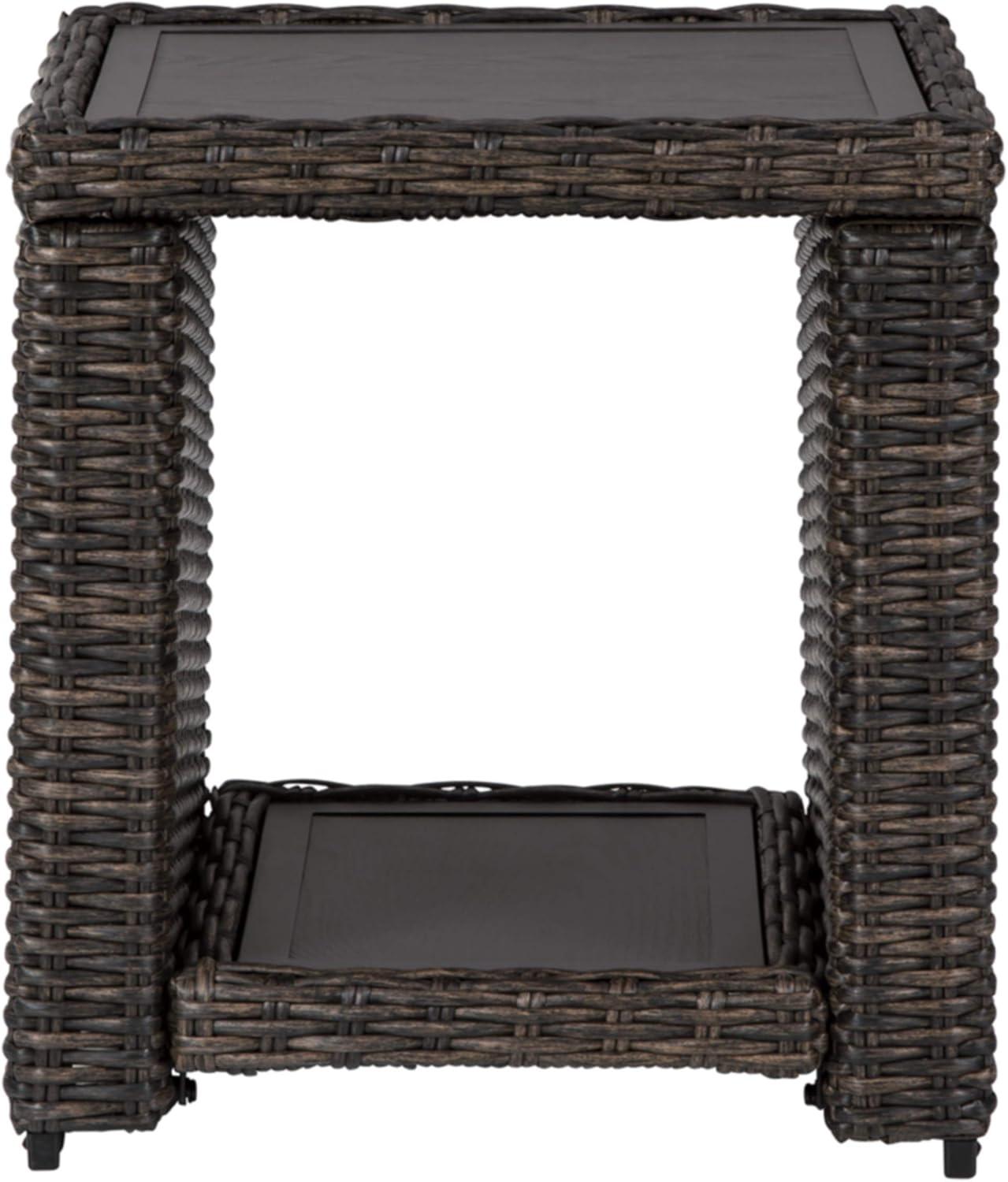 imageSignature Design by Ashley Paradise Trail Outdoor Swivel Upholstered Lounge Chair Set 2 Count Beige amp Grasson Lane Outdoor Rattan Square End Table with Storage BrownSwivel Lounge Chairs