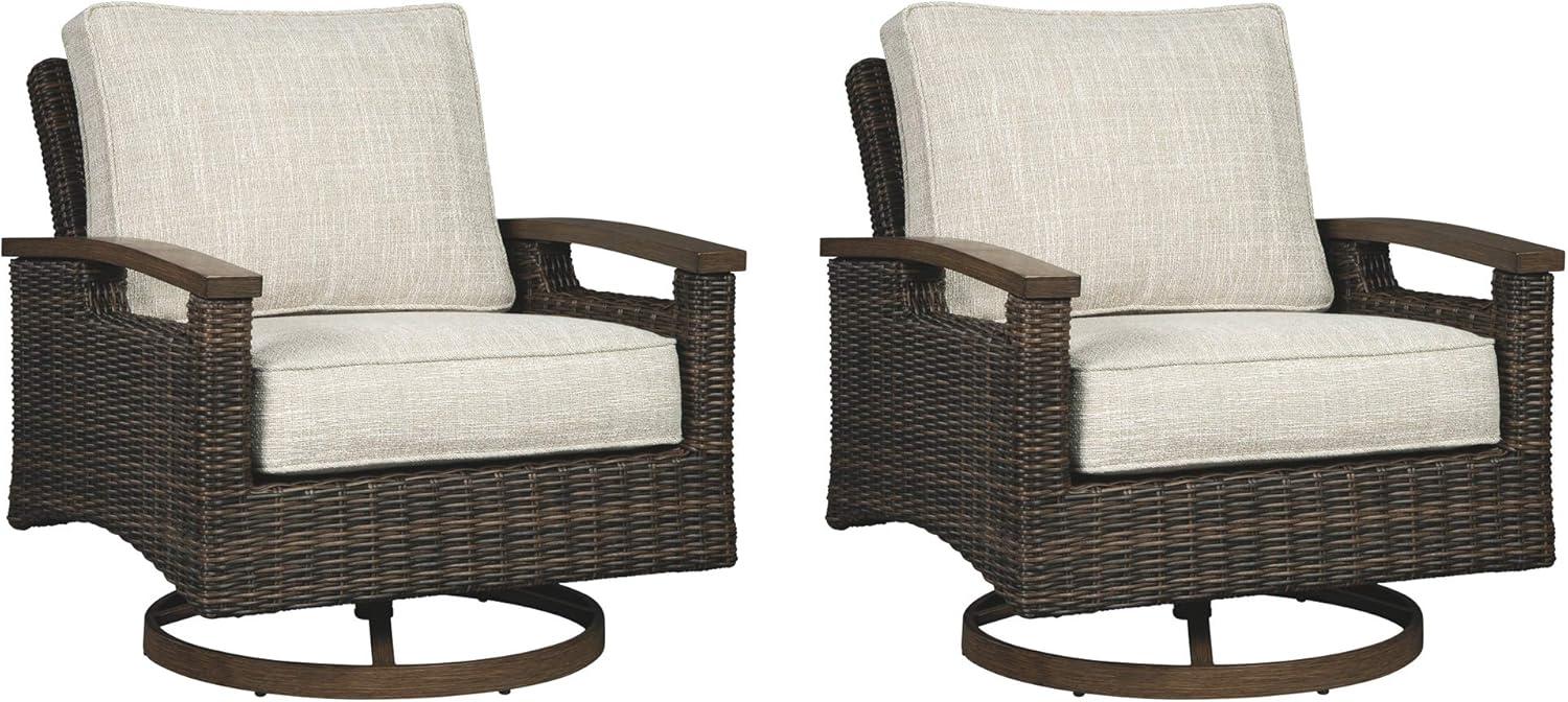 imageSignature Design by Ashley Paradise Trail Outdoor Swivel Upholstered Lounge Chair Set 2 Count Beige amp Grasson Lane Outdoor Rattan Square End Table with Storage BrownSwivel Lounge Chairs