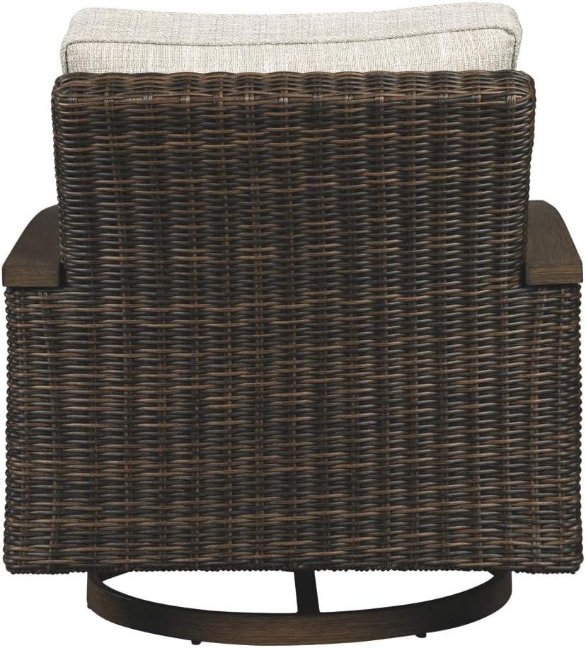 imageSignature Design by Ashley Paradise Trail Outdoor Swivel Upholstered Lounge Chair Set 2 Count Beige amp Grasson Lane Outdoor Rattan Square End Table with Storage BrownSwivel Lounge Chairs