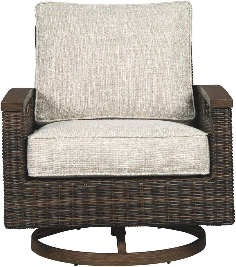 imageSignature Design by Ashley Paradise Trail Outdoor Swivel Upholstered Lounge Chair Set 2 Count Beige amp Grasson Lane Outdoor Rattan Square End Table with Storage BrownSwivel Lounge Chairs