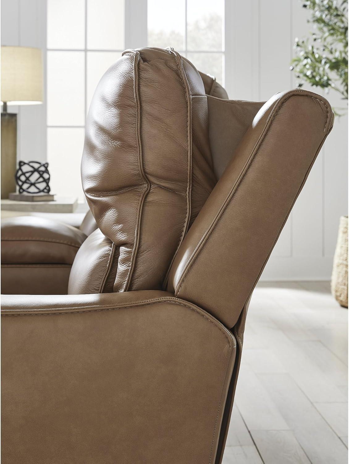 imageSignature Design by Ashley Spear Hill Contemporary Leather Match Power Reclining Loveseat with Console Adjustable Headrest USB Ports and 2 Cup Holders Light Brown