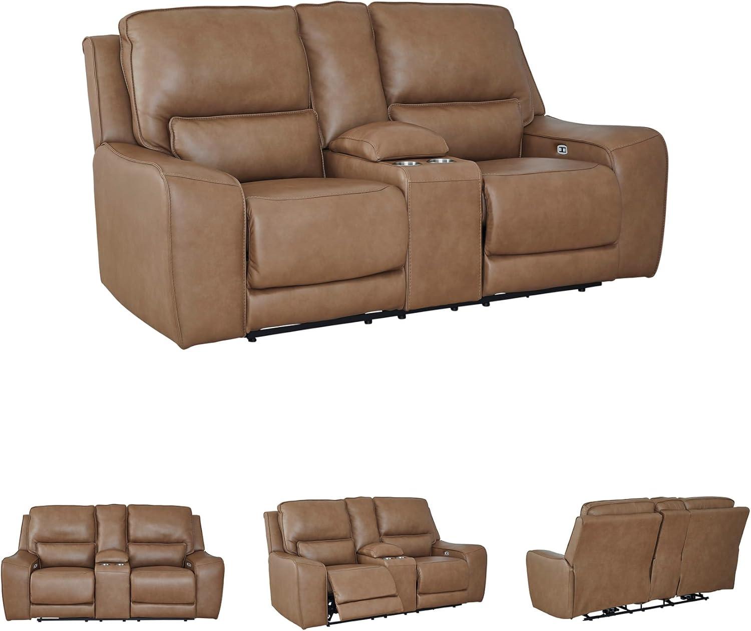 imageSignature Design by Ashley Spear Hill Contemporary Leather Match Power Reclining Loveseat with Console Adjustable Headrest USB Ports and 2 Cup Holders Light Brown