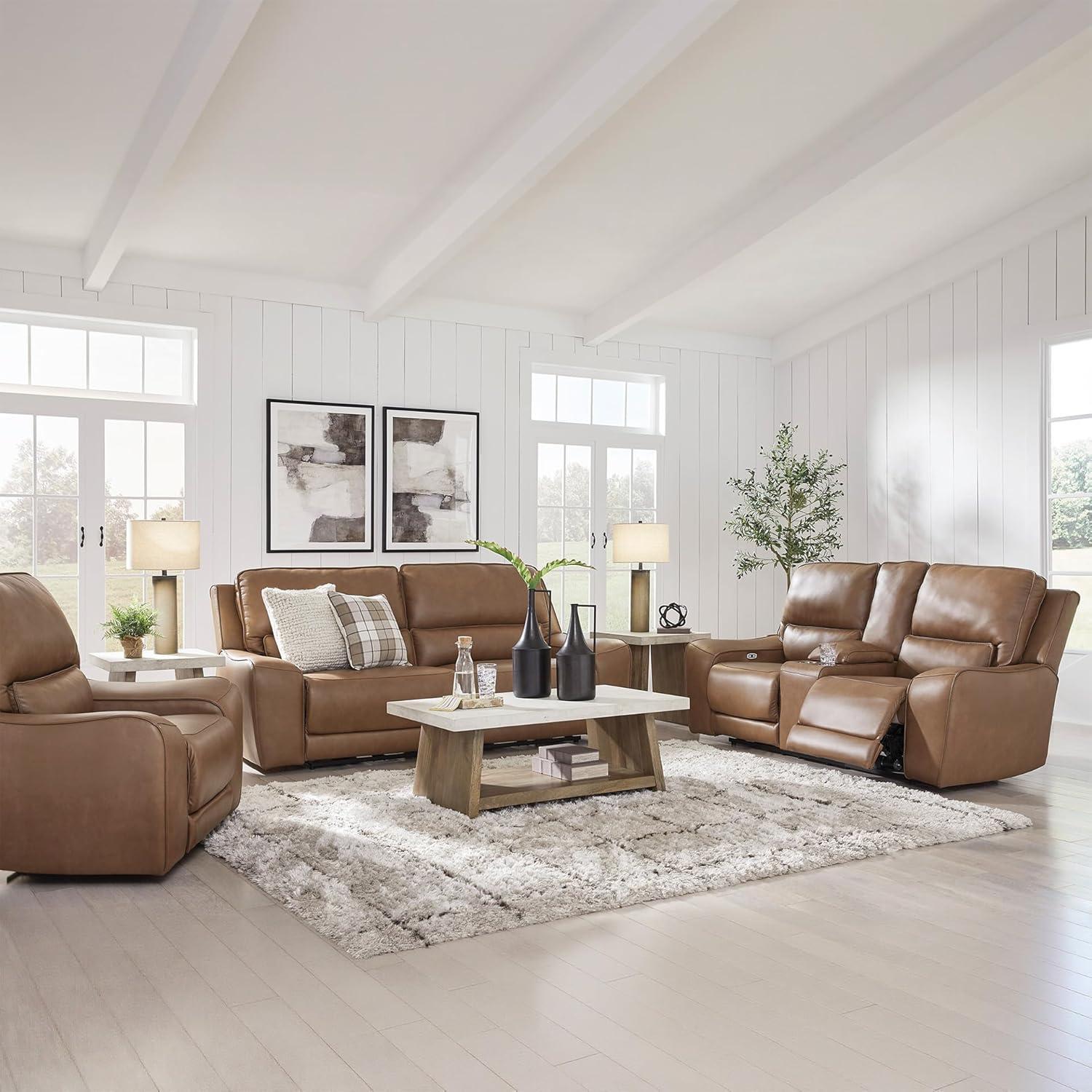 imageSignature Design by Ashley Spear Hill Contemporary Leather Match Power Reclining Loveseat with Console Adjustable Headrest USB Ports and 2 Cup Holders Light Brown