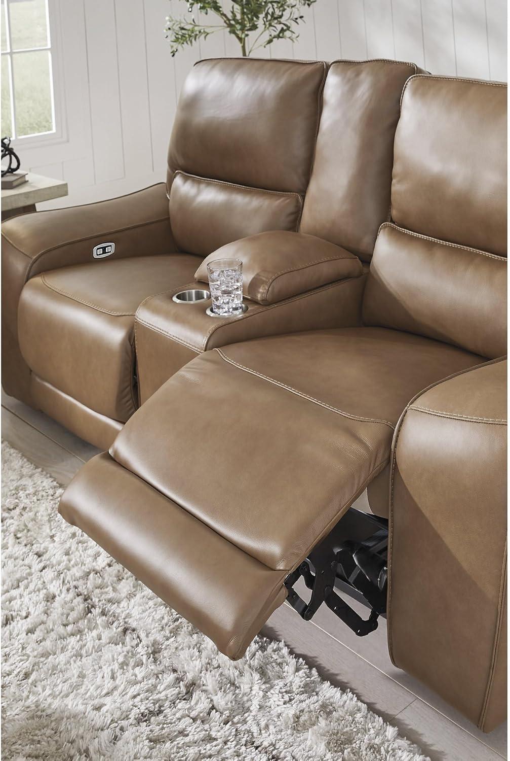 imageSignature Design by Ashley Spear Hill Contemporary Leather Match Power Reclining Loveseat with Console Adjustable Headrest USB Ports and 2 Cup Holders Light Brown