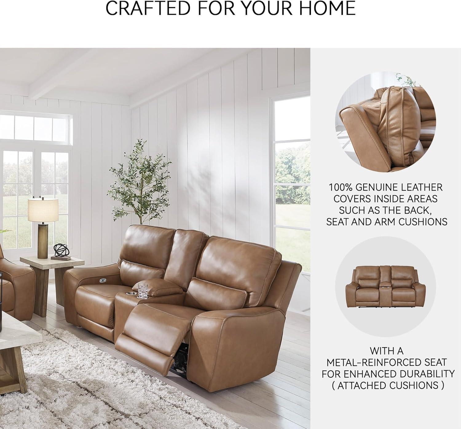 imageSignature Design by Ashley Spear Hill Contemporary Leather Match Power Reclining Loveseat with Console Adjustable Headrest USB Ports and 2 Cup Holders Light Brown