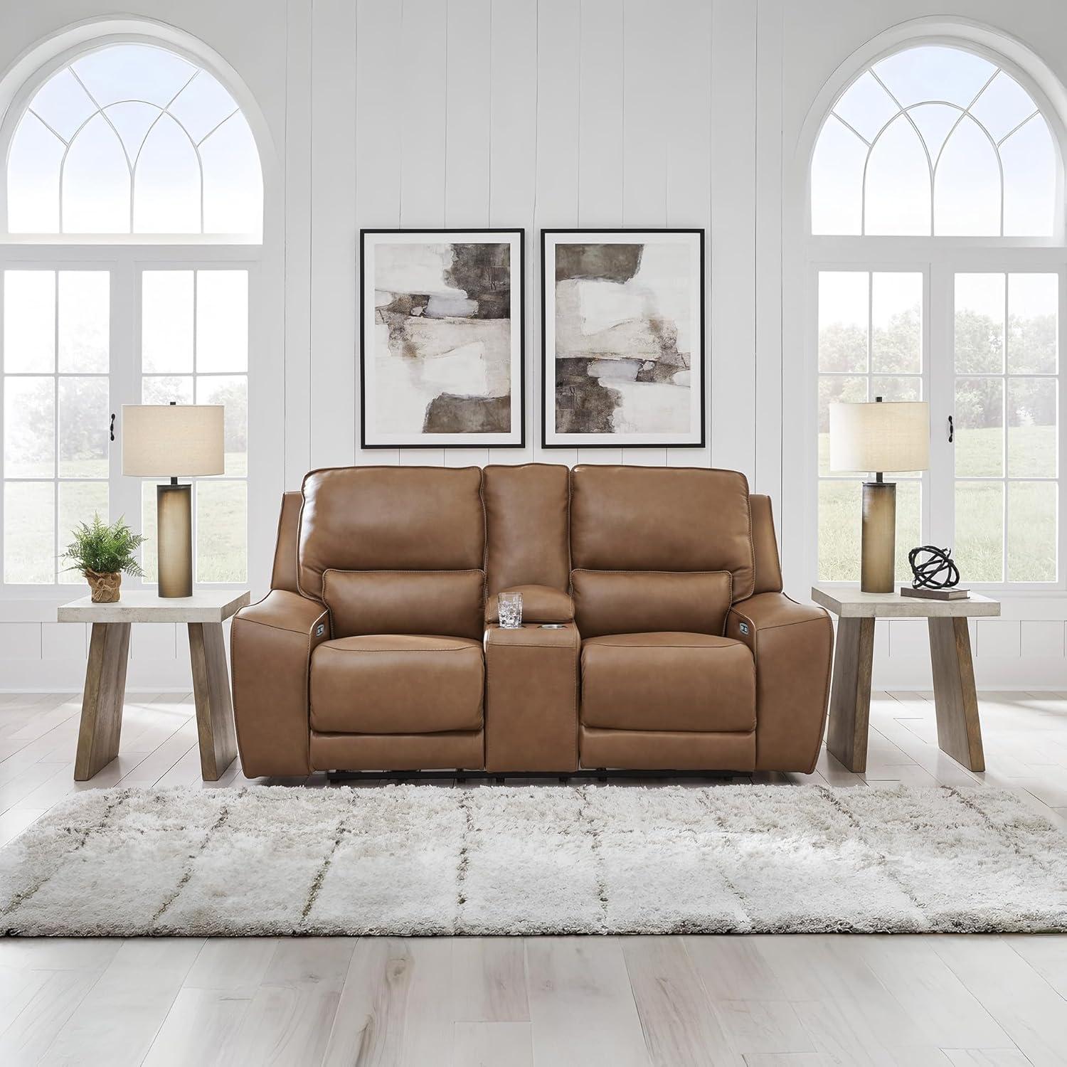 imageSignature Design by Ashley Spear Hill Contemporary Leather Match Power Reclining Loveseat with Console Adjustable Headrest USB Ports and 2 Cup Holders Light Brown