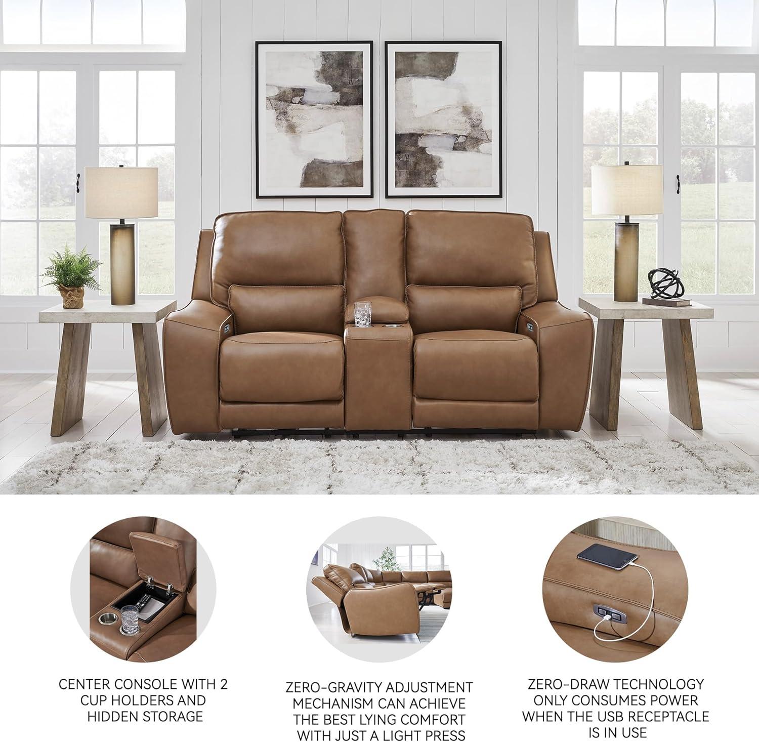 imageSignature Design by Ashley Spear Hill Contemporary Leather Match Power Reclining Loveseat with Console Adjustable Headrest USB Ports and 2 Cup Holders Light Brown