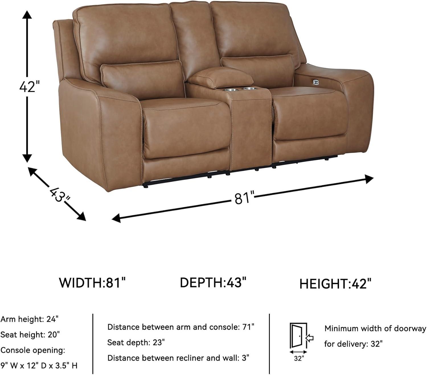 imageSignature Design by Ashley Spear Hill Contemporary Leather Match Power Reclining Loveseat with Console Adjustable Headrest USB Ports and 2 Cup Holders Light Brown