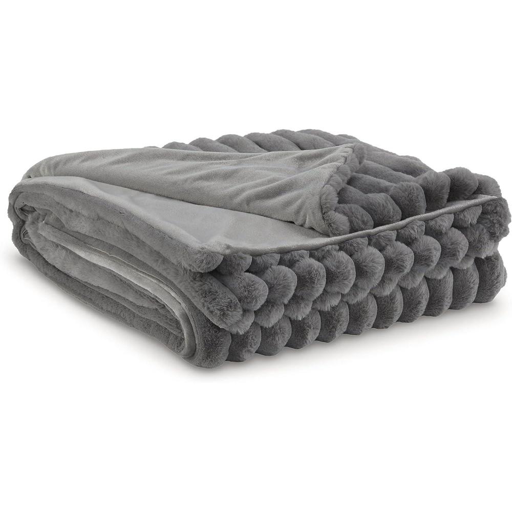 imageSignature Design by Ashley Alsonwell Contemporary Machine Washable Jacquard Faux Fur Throw with Stripe Design GrayGray