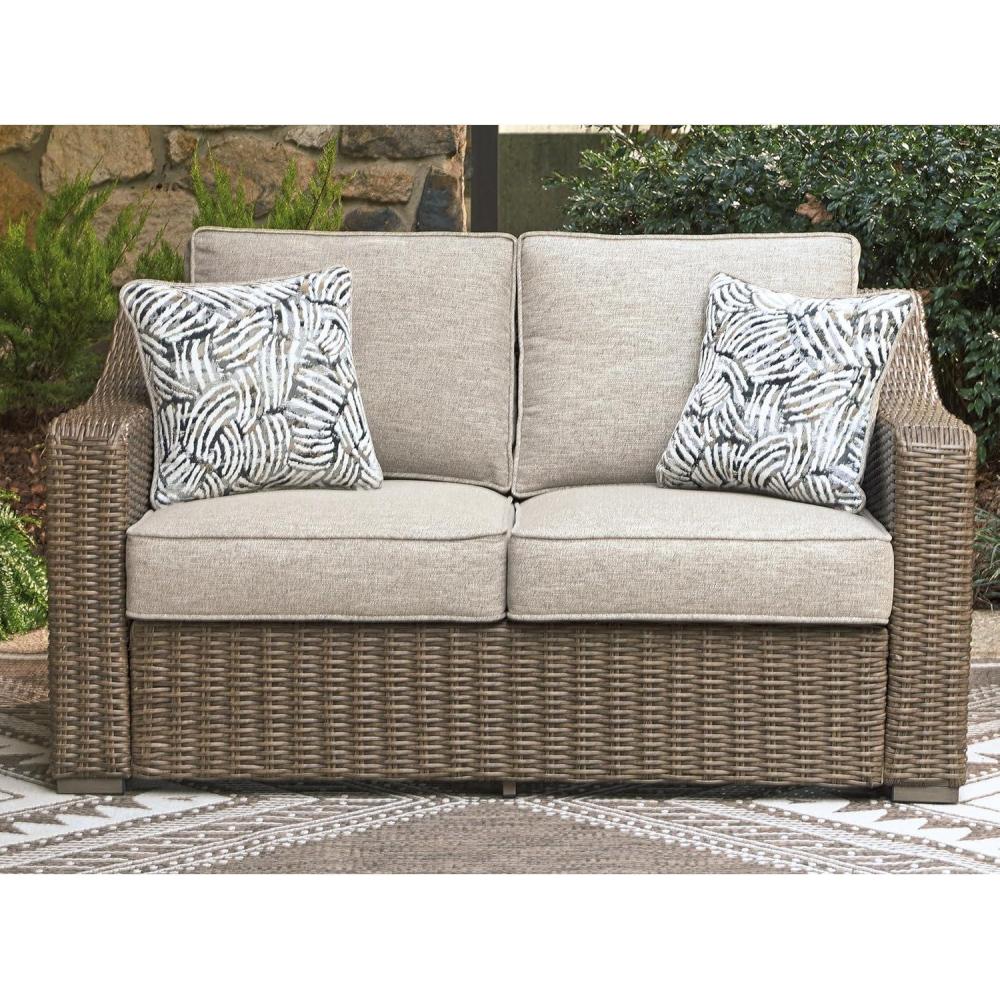 imageSignature Design by Ashley Carmel Bay Casual Outdoor Loveseat with Cushion Weather Resistance and Armrest Beige amp Dark Brown