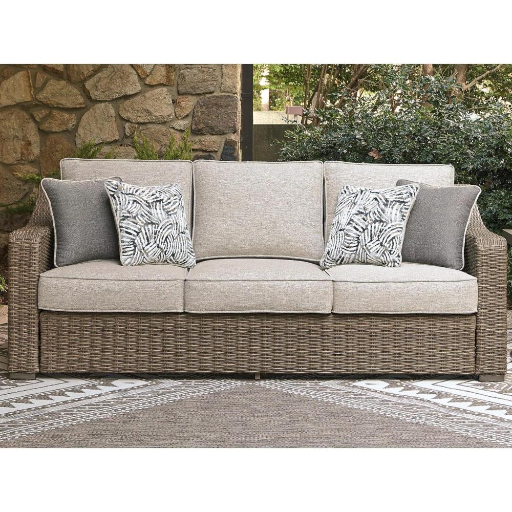 imageSignature Design by Ashley Carmel Bay Casual Outdoor Sofa with Cushion Weather Resistance and Armrest Beige amp Dark Brown