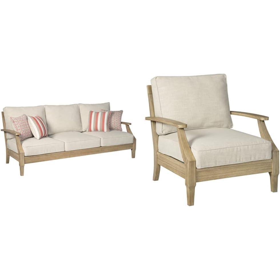 imageSignature Design by Ashley Clare View Coastal Outdoor Patio Eucalyptus Loveseat with Cushions Beige amp Clare View Outdoor Eucalyptus Wood Single Cushioned Lounge Chair BeigeSofa