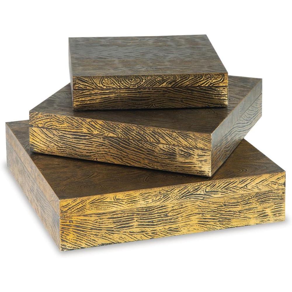 imageSignature Design by Ashley Keldy Modern 3 Piece Metal amp Wood Storage Box Set Antique GrayBrass