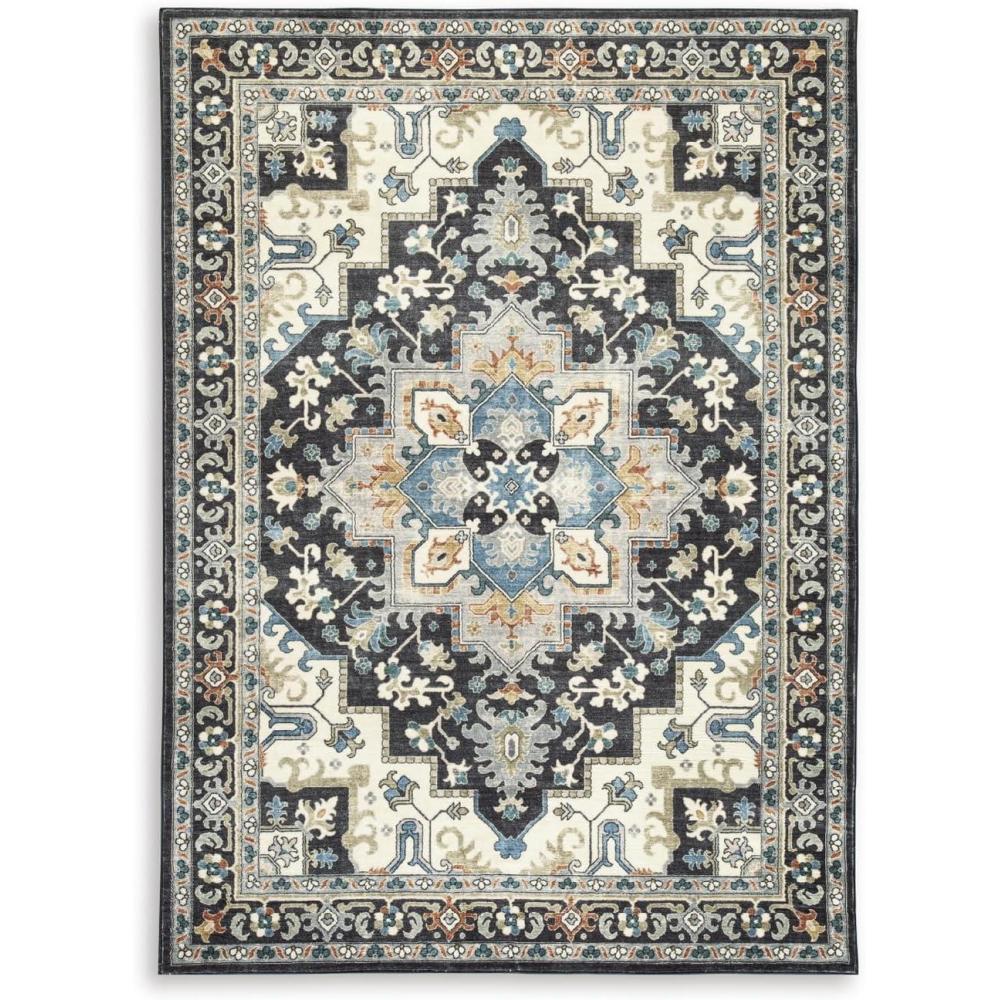 imageSignature Design by Ashley Leningston Classic Indoor Non Slip Medallion 5 x 7 Washable Rug Blue amp Black