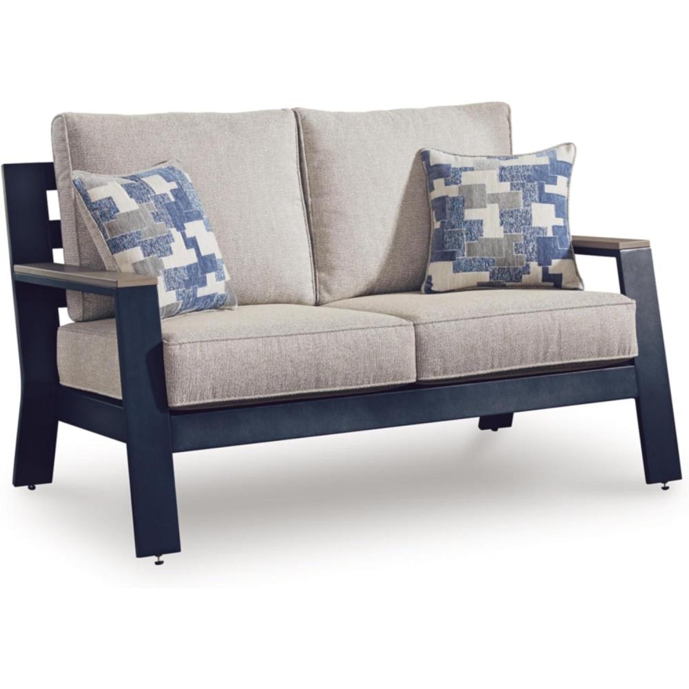 imageSignature Design by Ashley Mabry Shores Coastal MEGATUFF HDPE amp Nuvella Weather Resistant Outdoor Loveseat with Cushion and 2 Accent Pillows Blue amp Beige