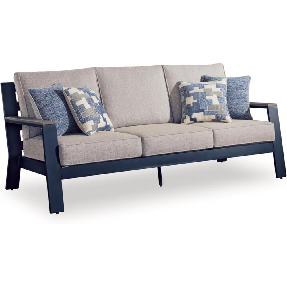 imageSignature Design by Ashley Mabry Shores Coastal MEGATUFF HDPE amp Nuvella Weather Resistant Outdoor Sofa with Cushion and 4 Accent Pillows Blue amp Beige