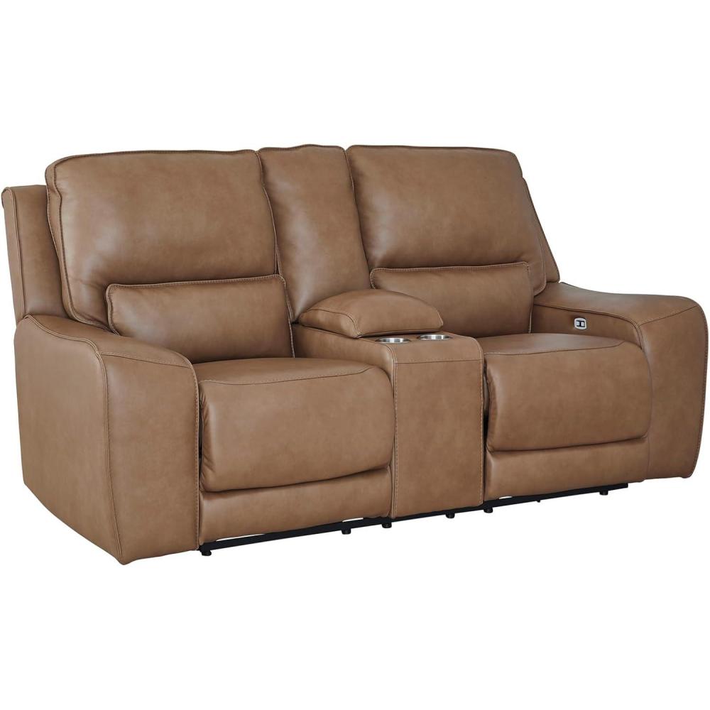 imageSignature Design by Ashley Spear Hill Contemporary Leather Match Power Reclining Loveseat with Console Adjustable Headrest USB Ports and 2 Cup Holders Light Brown
