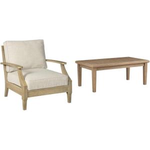 Signature Ashley Clare View Lounge Chair + Gerianne Rectangular Coffee Table Outdoor Set, Beige