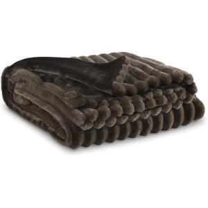 Signature Design by Ashley Alsonwell Contemporary Machine Washable Jacquard Faux Fur Throw with Stripe Design, Gray(Dark Brown)
