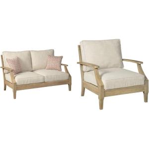 Signature Design by Ashley Clare View Coastal Outdoor Patio Eucalyptus Loveseat with Cushions, Beige & Clare View Outdoor Eucalyptus Wood Single Cushioned Lounge Chair, Beige(Loveseat)