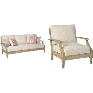 Signature Design by Ashley Clare View Coastal Outdoor Patio Eucalyptus Loveseat with Cushions, Beige & Clare View Outdoor Eucalyptus Wood Single Cushioned Lounge Chair, Beige(Sofa)