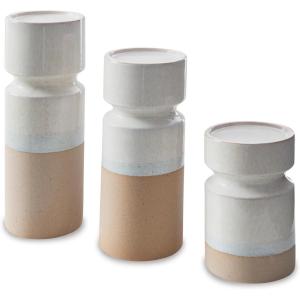 Signature Design by Ashley Hurston Casual Glazed Ceramic Candle Holder, Set of 3, Beige & White
