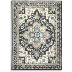 Signature Design by Ashley Leningston Classic Indoor Non Slip Medallion 5 x 7 Washable Rug, Blue & Black