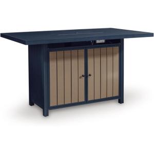 Signature Design by Ashley Mabry Shores Contemporary MEGA-TUFF™ HDPE Weather Resistant Outdoor Bar Table with Fire Pit and Adjustable Flame Control, Blue & Beige(Outdoor Bar Table with Fire Pit)