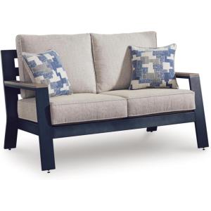 Signature Design by Ashley Mabry Shores Contemporary MEGA-TUFF™ HDPE Weather Resistant Outdoor Bar Table with Fire Pit and Adjustable Flame Control, Blue & Beige(Outdoor Loveseat with Cushion)