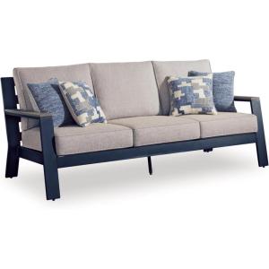 Signature Design by Ashley Mabry Shores Contemporary MEGA-TUFF™ HDPE Weather Resistant Outdoor Bar Table with Fire Pit and Adjustable Flame Control, Blue & Beige(Outdoor Sofa with Cushion)