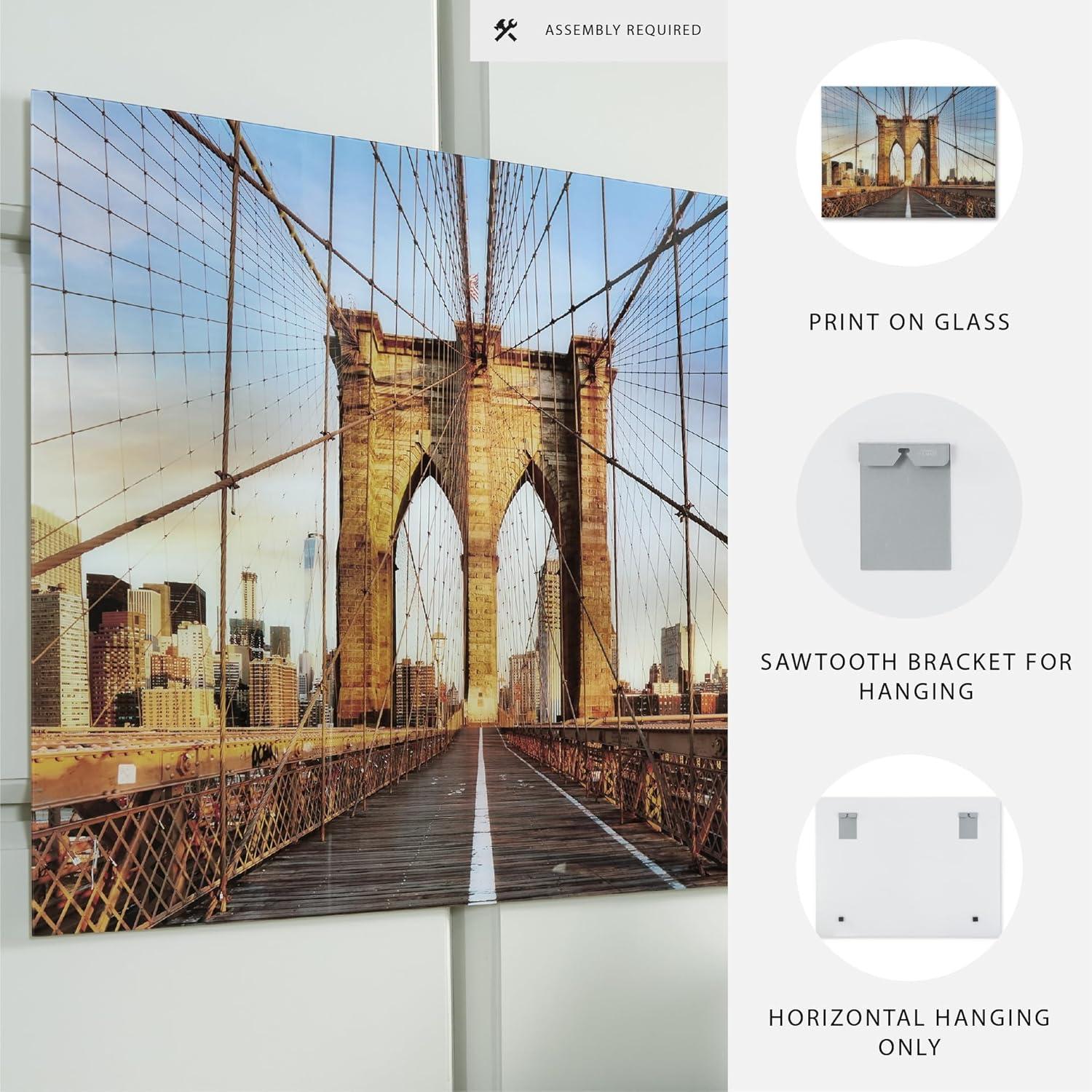 imageSignature Design by Ashley Shayward Contemporary Brooklyn Bridge Glass Wall Art 48 x 36 Inches Blue amp Light Brown