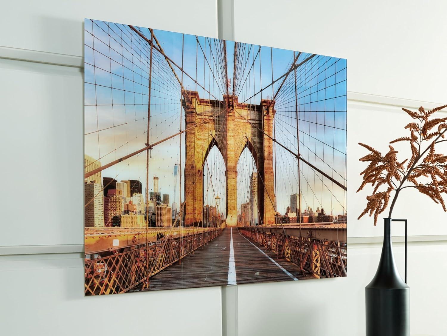 imageSignature Design by Ashley Shayward Contemporary Brooklyn Bridge Glass Wall Art 48 x 36 Inches Blue amp Light Brown