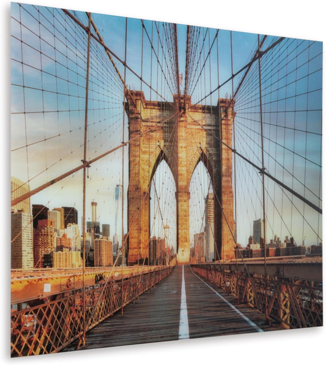 imageSignature Design by Ashley Shayward Contemporary Brooklyn Bridge Glass Wall Art 48 x 36 Inches Blue amp Light Brown