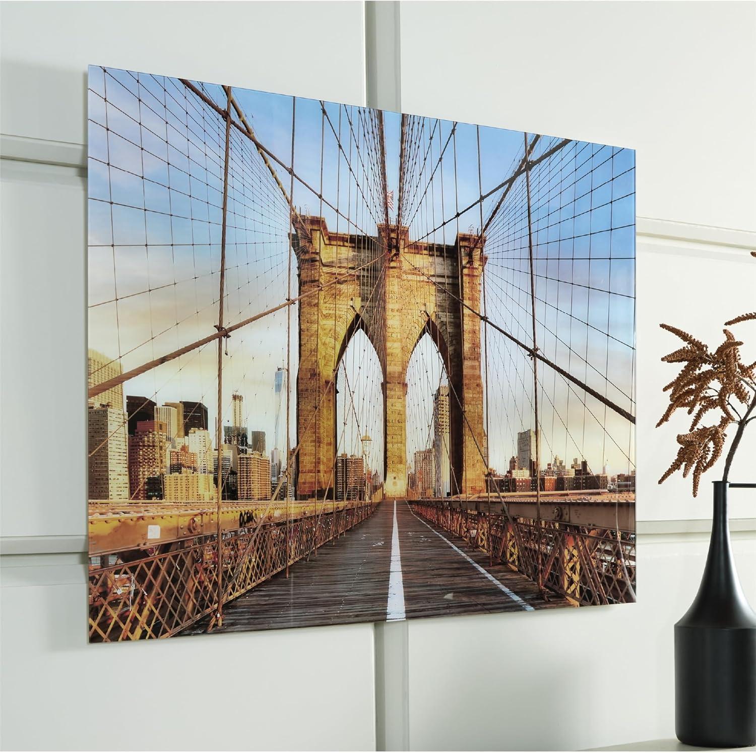 imageSignature Design by Ashley Shayward Contemporary Brooklyn Bridge Glass Wall Art 48 x 36 Inches Blue amp Light Brown