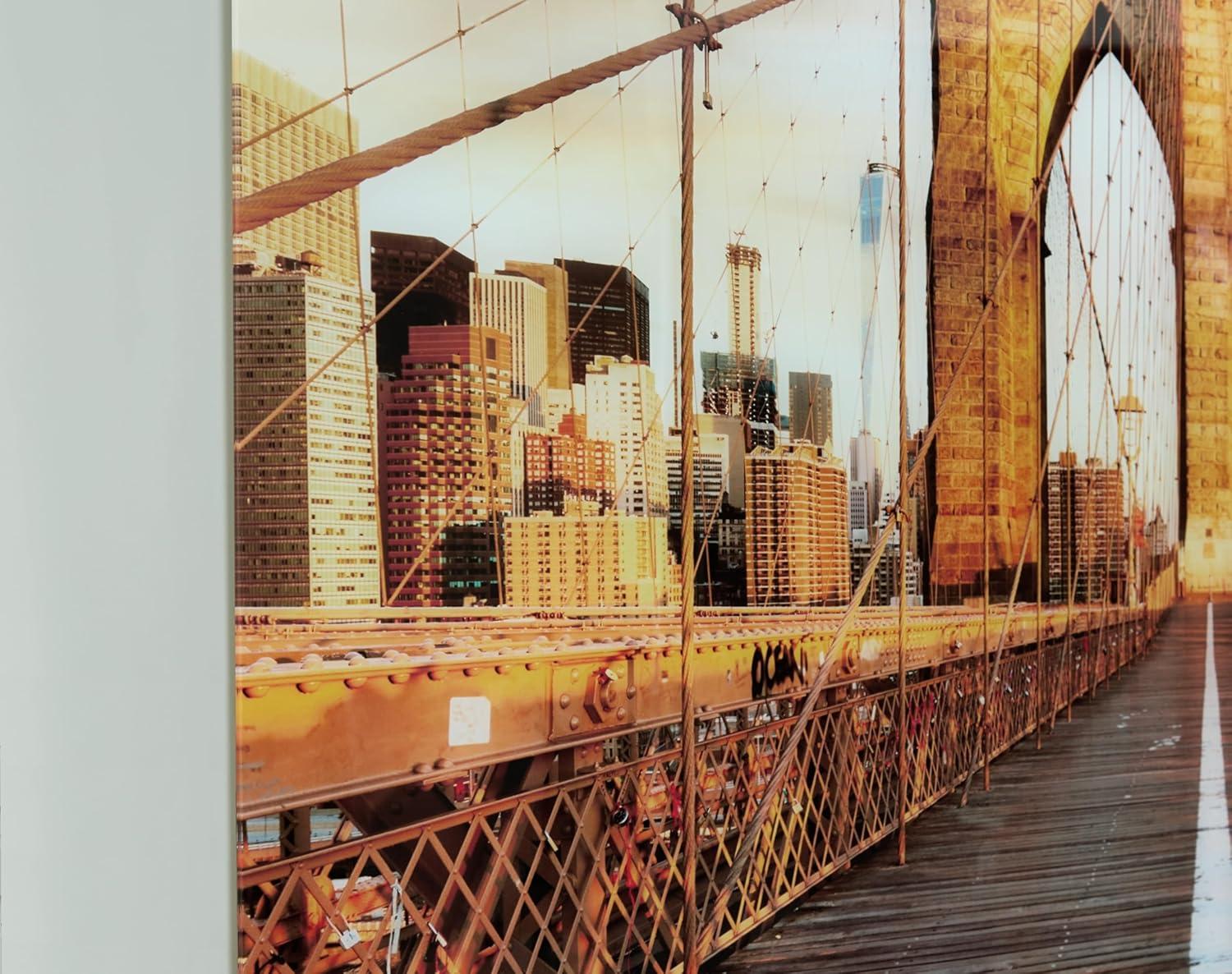 imageSignature Design by Ashley Shayward Contemporary Brooklyn Bridge Glass Wall Art 48 x 36 Inches Blue amp Light Brown