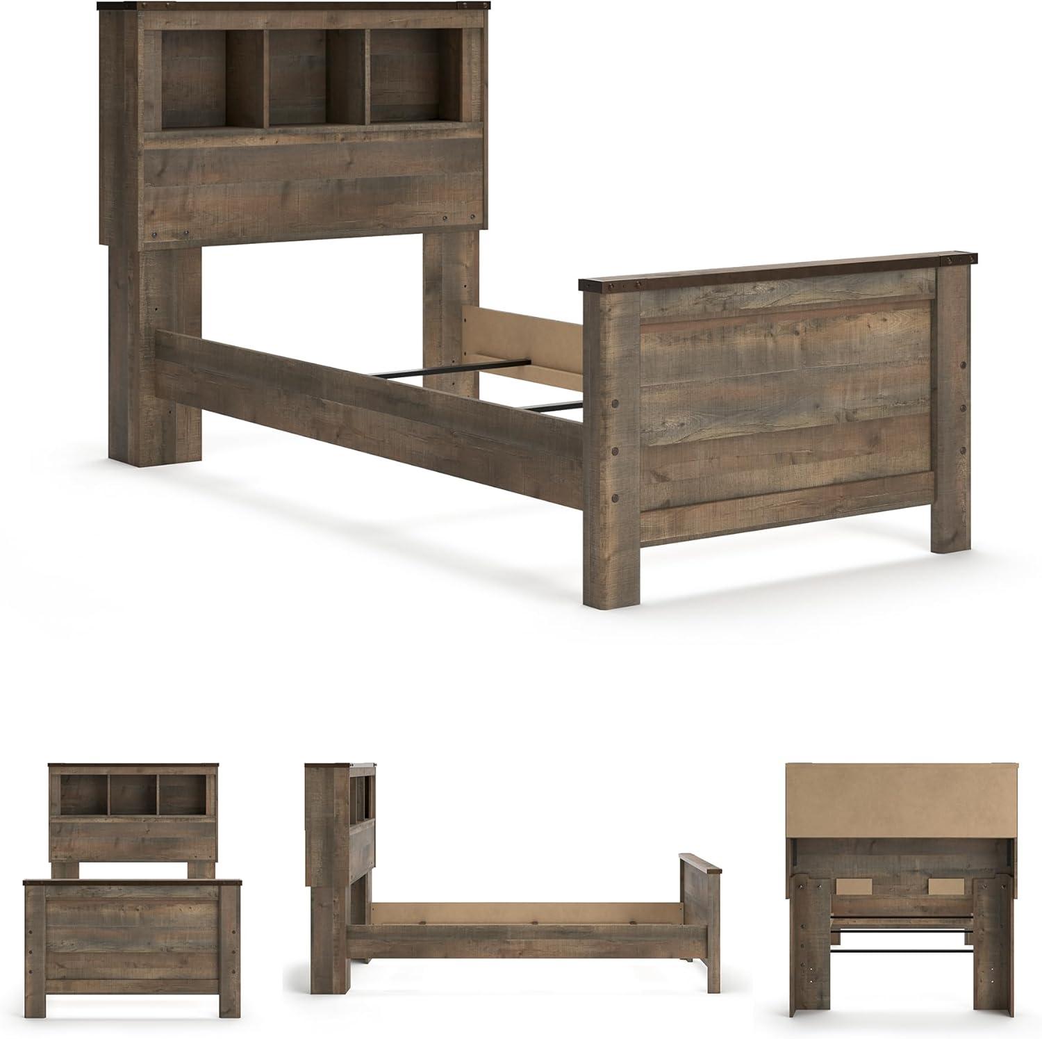 imageSignature Design by Ashley Trinell Casual Twin Bookcase Platform Bed with 2 Storage Drawers and Nailheads Foundation or Box Spring Not Needed Dark BrownTwin Bookcase Bed