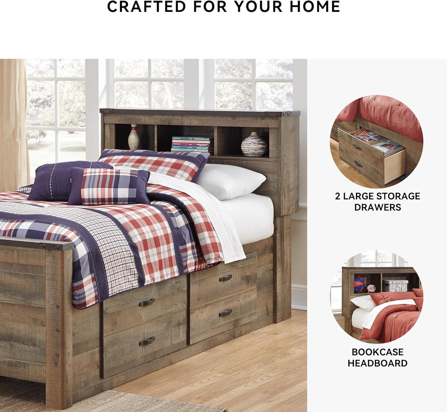 imageSignature Design by Ashley Trinell Casual Twin Bookcase Platform Bed with 2 Storage Drawers and Nailheads Foundation or Box Spring Not Needed Dark BrownTwin Bookcase Bed with 2 Storage Drawers