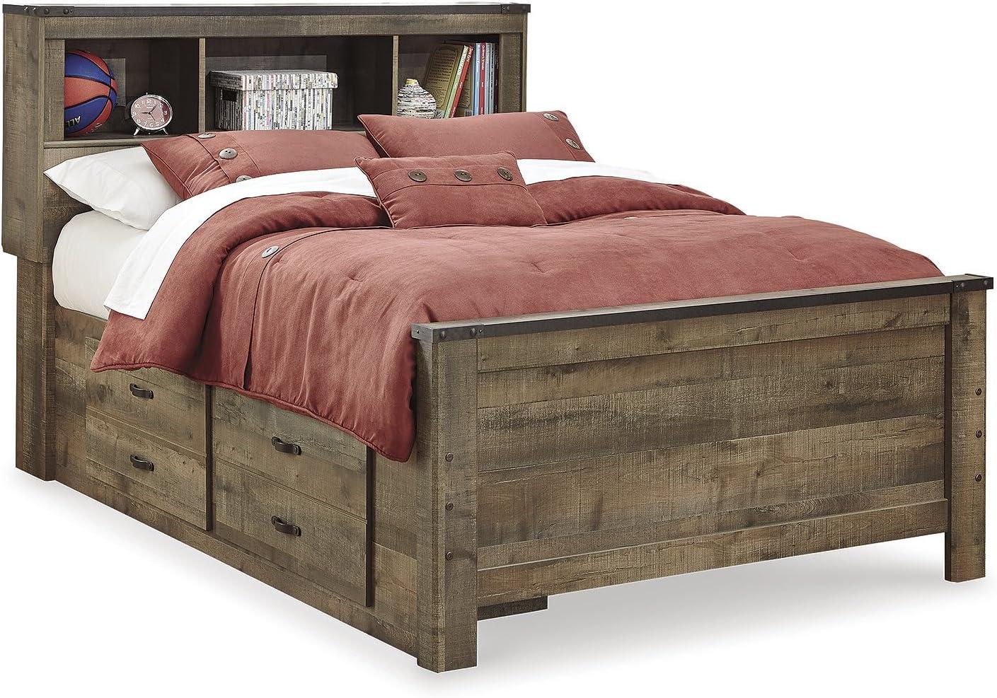 imageSignature Design by Ashley Trinell Casual Twin Bookcase Platform Bed with 2 Storage Drawers and Nailheads Foundation or Box Spring Not Needed Dark BrownFull Bookcase Bed with 2 Sided Storage