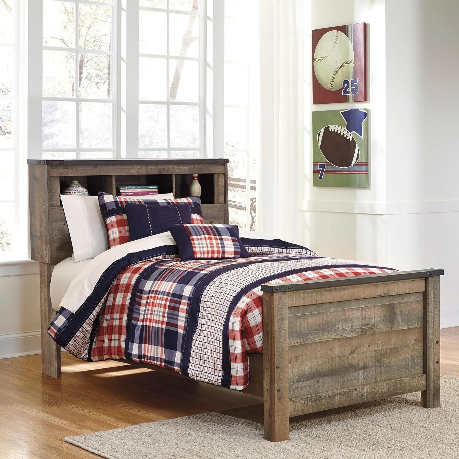 imageSignature Design by Ashley Trinell Casual Twin Bookcase Platform Bed with 2 Storage Drawers and Nailheads Foundation or Box Spring Not Needed Dark BrownTwin Bookcase Bed