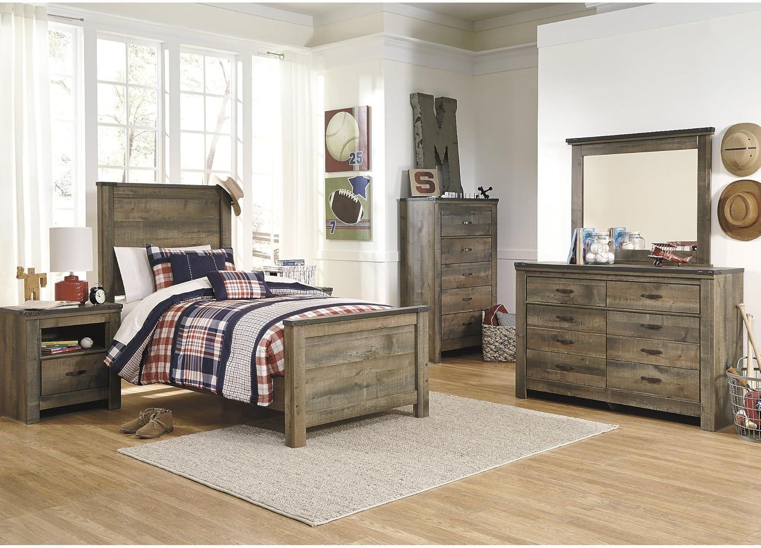 imageSignature Design by Ashley Trinell Casual Twin Bookcase Platform Bed with 2 Storage Drawers and Nailheads Foundation or Box Spring Not Needed Dark BrownTwin Panel Bed