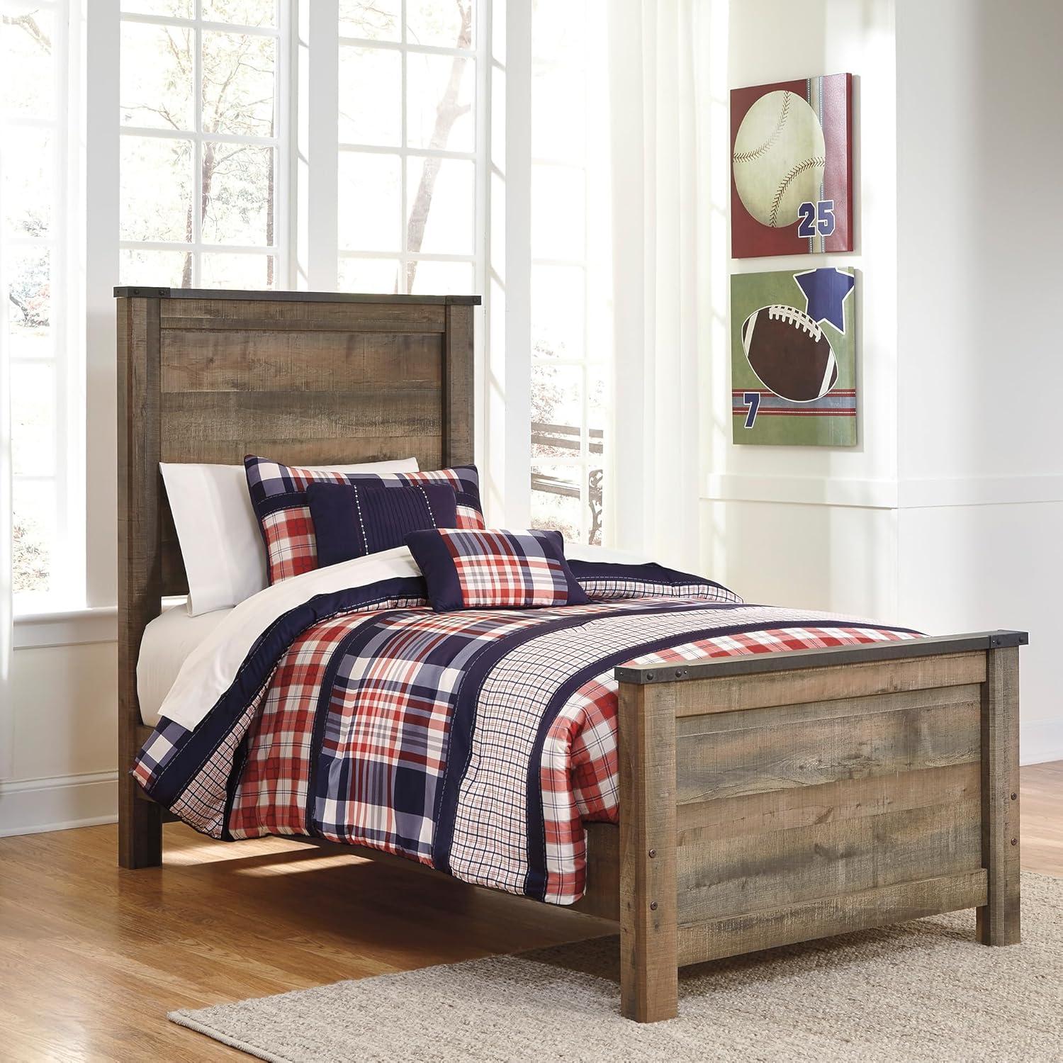 imageSignature Design by Ashley Trinell Casual Twin Bookcase Platform Bed with 2 Storage Drawers and Nailheads Foundation or Box Spring Not Needed Dark BrownTwin Panel Bed
