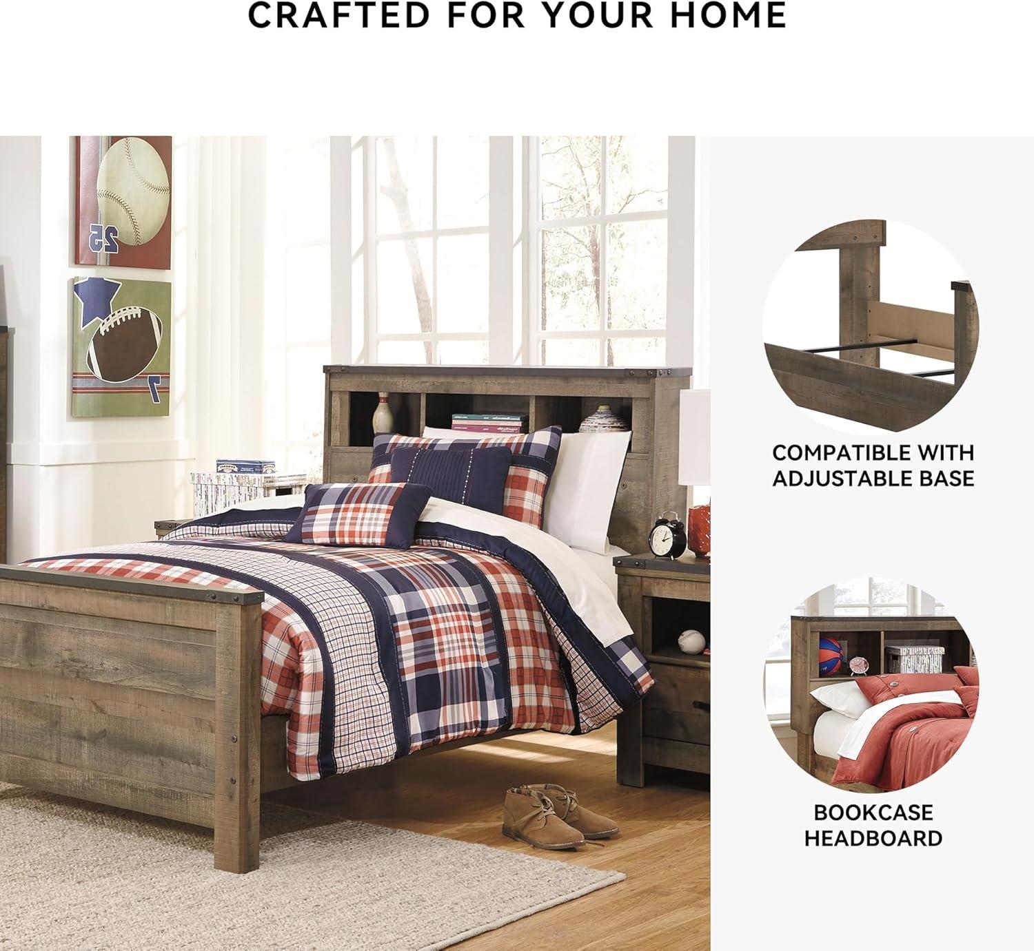 imageSignature Design by Ashley Trinell Casual Twin Bookcase Platform Bed with 2 Storage Drawers and Nailheads Foundation or Box Spring Not Needed Dark BrownTwin Bookcase Bed